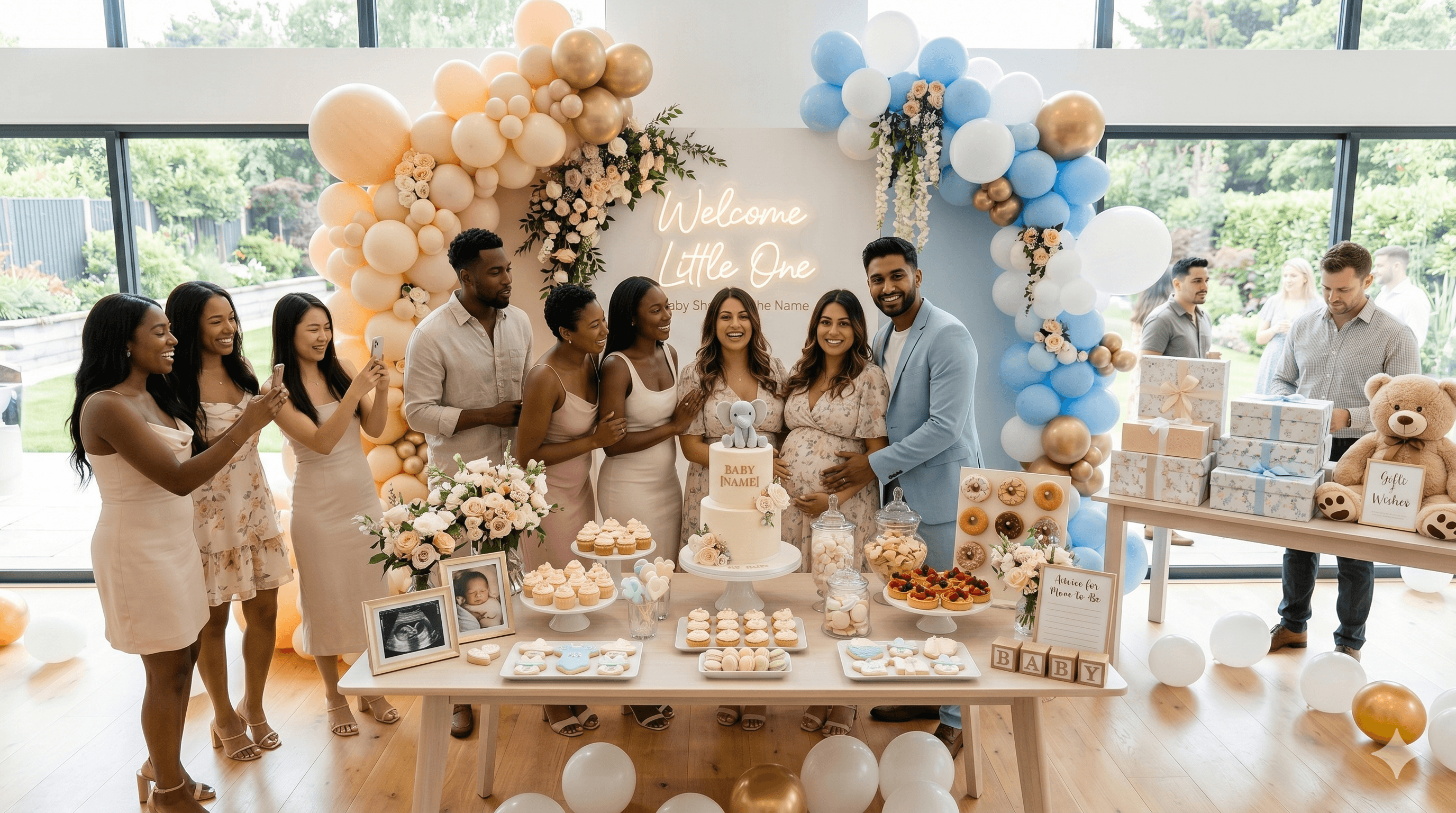 Baby shower celebration with florals, balloons, and guests